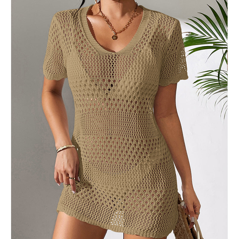 Women Clothes Sexy Cutout Short Sleeve Casual Bikini Cover Up Swimsuit Blouse Beach Sun Protection Shirt Crochet hook Bella Mia